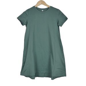 Uniqlo Mercerized Cotton Mini Dress Womens S Green Short Sleeve Pockets 447552